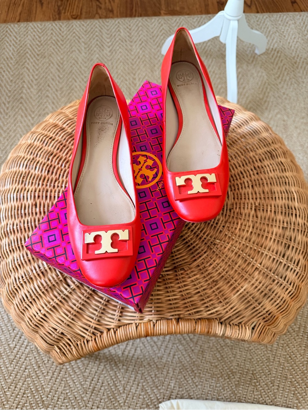 Tory Burch Red Leather Logo Ballet Flats
